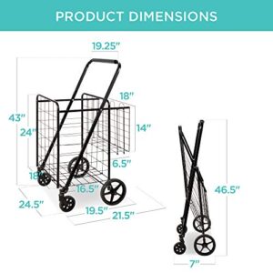 Best Choice Products Folding Steel Grocery Cart, Portable Multipurpose Utility Double Basket for Shopping, Groceries, Laundry w/Swivel Wheels, Storage, 220lb Capacity