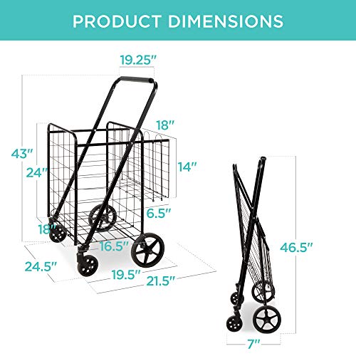 Best Choice Products Folding Steel Grocery Cart, Portable Multipurpose Utility Double Basket for Shopping, Groceries, Laundry w/Swivel Wheels, Storage, 220lb Capacity