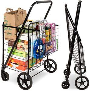 best choice products folding steel grocery cart, portable multipurpose utility double basket for shopping, groceries, laundry w/swivel wheels, storage, 220lb capacity