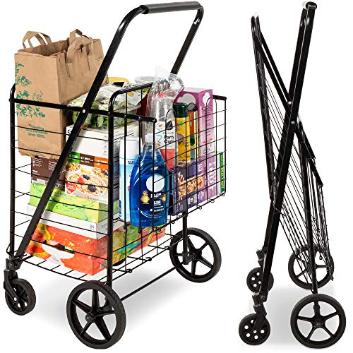 Best Choice Products Folding Steel Grocery Cart, Portable Multipurpose Utility Double Basket for Shopping, Groceries, Laundry w/Swivel Wheels, Storage, 220lb Capacity