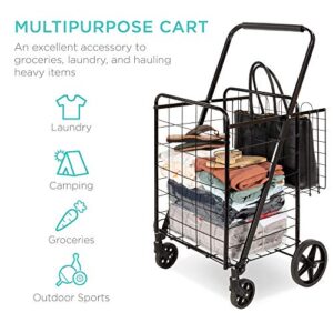 Best Choice Products Folding Steel Grocery Cart, Portable Multipurpose Utility Double Basket for Shopping, Groceries, Laundry w/Swivel Wheels, Storage, 220lb Capacity