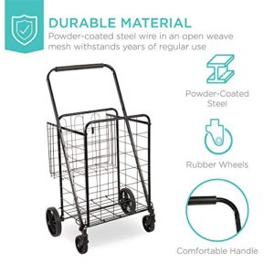 Best Choice Products Folding Steel Grocery Cart, Portable Multipurpose Utility Double Basket for Shopping, Groceries, Laundry w/Swivel Wheels, Storage, 220lb Capacity