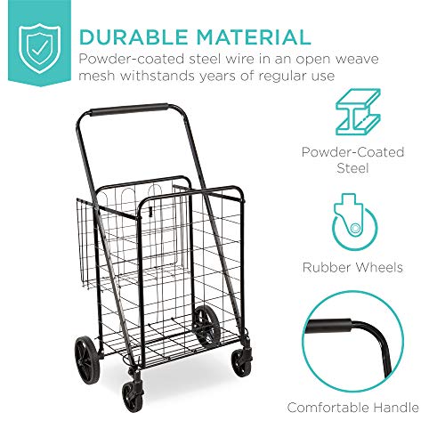 Best Choice Products Folding Steel Grocery Cart, Portable Multipurpose Utility Double Basket for Shopping, Groceries, Laundry w/Swivel Wheels, Storage, 220lb Capacity