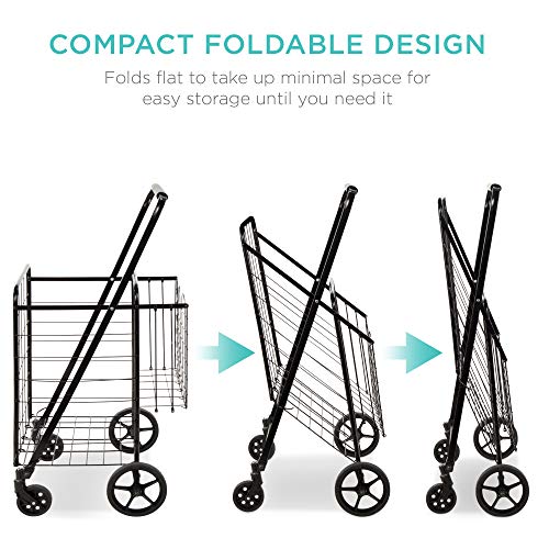 Best Choice Products Folding Steel Grocery Cart, Portable Multipurpose Utility Double Basket for Shopping, Groceries, Laundry w/Swivel Wheels, Storage, 220lb Capacity