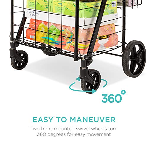 Best Choice Products Folding Steel Grocery Cart, Portable Multipurpose Utility Double Basket for Shopping, Groceries, Laundry w/Swivel Wheels, Storage, 220lb Capacity