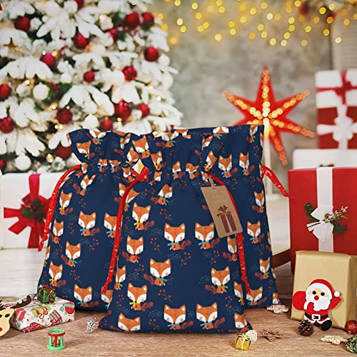 Drawstrings Christmas Gift Bags Funny-Fox-Blue Presents Wrapping Bags Xmas Gift Wrapping Sacks Pouches Medium