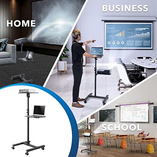 Mount-It! Mobile Projector and Laptop Stand (2 Shelves), Rolling Cart with Ventilated Tray, Heavy Duty, Height Adjustable Laptop and Projector Presentation Trolley, Black