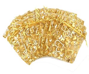 yyaaloa 100pcs mini sheer heart mixed organza bags 7x9 cm/2.7x3.5 inches, drawstring chic gift beauty bags, wedding favor bags candy jewelry gift bags (gold, 2.7×3.5 inch)