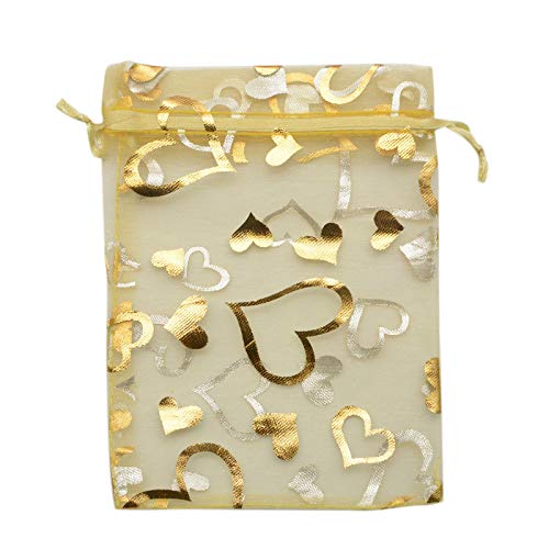 YYaaloa 100PCS Mini Sheer Heart Mixed Organza Bags 7X9 cm/2.7X3.5 inches, Drawstring Chic Gift Beauty Bags, Wedding Favor Bags Candy Jewelry Gift Bags (Gold, 2.7x3.5 inch)