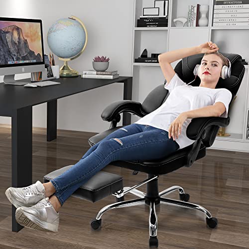 Massage Office Chair, Reclining Office Chair with Footrest, Ergonomic Office Chair with Lumbar Support, High Back Executive Office Chair, Height and Armrest Adjustable, 300lb Capacity