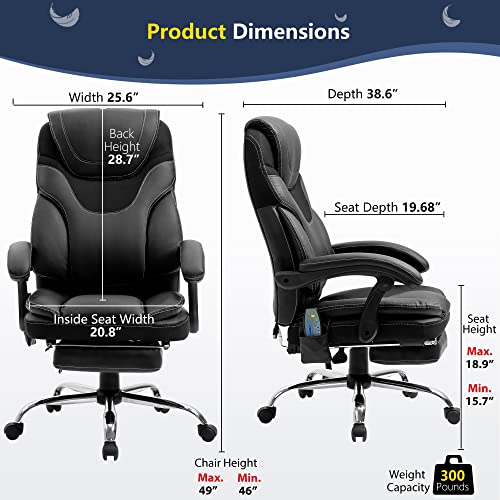 Massage Office Chair, Reclining Office Chair with Footrest, Ergonomic Office Chair with Lumbar Support, High Back Executive Office Chair, Height and Armrest Adjustable, 300lb Capacity
