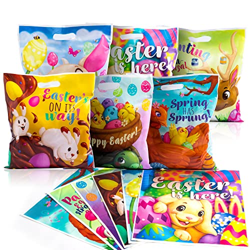 JOYIN 72 Pcs Easter Gift Bags 13" x 14.8", PE Easter Theme Gift Goodie Bags Party Treat Bags for Easter Egg Hunt, Easter Kids Party Favor Supplies