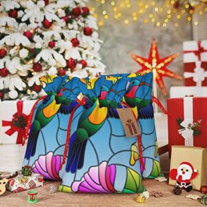 Drawstrings Christmas Gift Bags Colorful-Bird-Floral-Flower Presents Wrapping Bags Xmas Gift Wrapping Sacks Pouches Medium