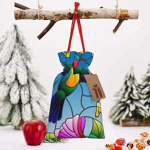 Drawstrings Christmas Gift Bags Colorful-Bird-Floral-Flower Presents Wrapping Bags Xmas Gift Wrapping Sacks Pouches Medium