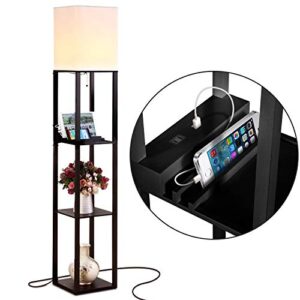 brightech maxwell charger – modern shelf floor lamp with usb charging ports & electric outlet – corner display floor lamps with shelves for living room, bedroom and office – black