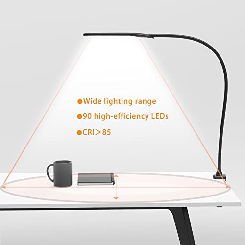 YOUKOYI Desk Lamp with Clamp, Swing Arm Lamp, Flexible Gooseneck Architect Table Lamp - Stepless Dimming, 3 Color Modes, Touch Control, 9W, 1050LUX Eye-Care for Study/Reading/Office/Work (Black)