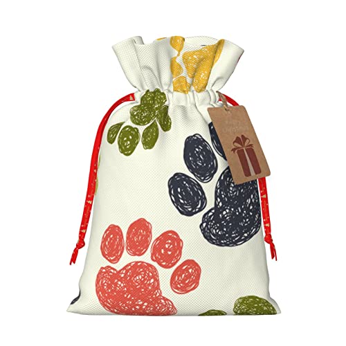 Drawstrings Christmas Gift Bags Colorful-Doodle-Paw-Rainbow Presents Wrapping Bags Xmas Gift Wrapping Sacks Pouches Medium