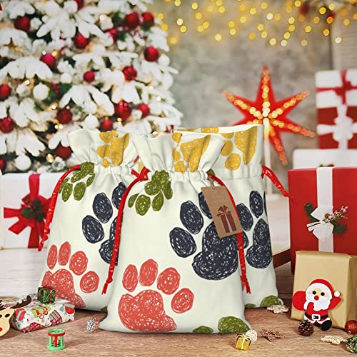 Drawstrings Christmas Gift Bags Colorful-Doodle-Paw-Rainbow Presents Wrapping Bags Xmas Gift Wrapping Sacks Pouches Medium