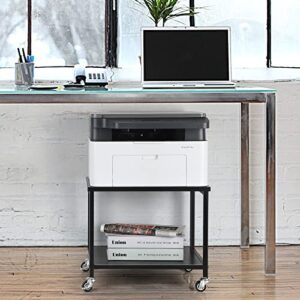 Under Desk Printer Stand Small Printer Table with Storage Shelf 2 Tier Rolling Printer Stand Rack with Lockable Wheels for Office Home Scanner Printer (Black)