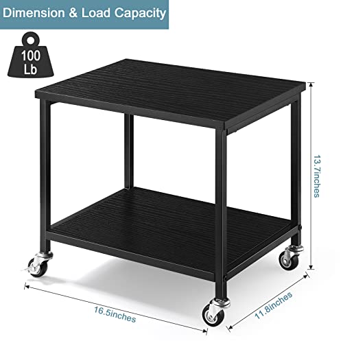 Under Desk Printer Stand Small Printer Table with Storage Shelf 2 Tier Rolling Printer Stand Rack with Lockable Wheels for Office Home Scanner Printer (Black)