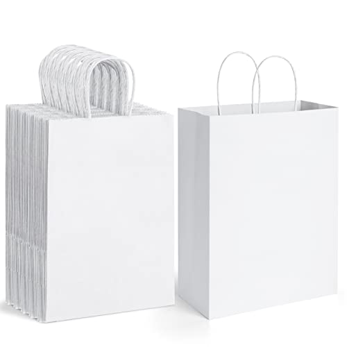 Poever White Paper Bags with Handles 10x5x13 Kraft Gift Bags 100 PCS Bulk, Large Shopping Bags Party Favor Bags Goodie Bags Grocery Bags Merchandise Bags for Packaging Products Recyclable