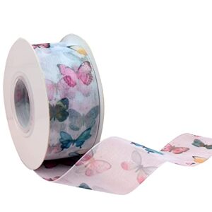 Hyribn 25 Yards Butterfly Printed Silk Ribbon for Gift Wrapping, Chiffon Spring Ribbons for Crafts, Ribbon for Floral , Flower Bouquet, Bows, Wedding, Decoration (White, 1.5")