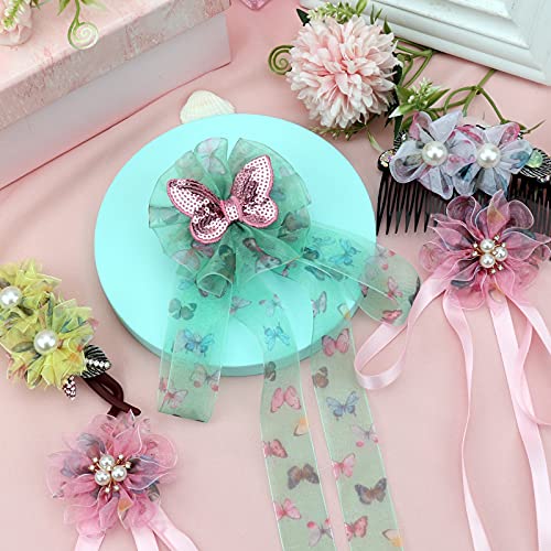 Hyribn 25 Yards Butterfly Printed Silk Ribbon for Gift Wrapping, Chiffon Spring Ribbons for Crafts, Ribbon for Floral , Flower Bouquet, Bows, Wedding, Decoration (White, 1.5")