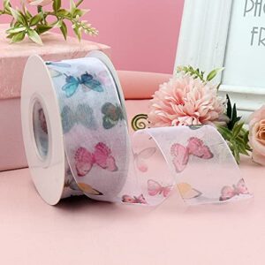 Hyribn 25 Yards Butterfly Printed Silk Ribbon for Gift Wrapping, Chiffon Spring Ribbons for Crafts, Ribbon for Floral , Flower Bouquet, Bows, Wedding, Decoration (White, 1.5")