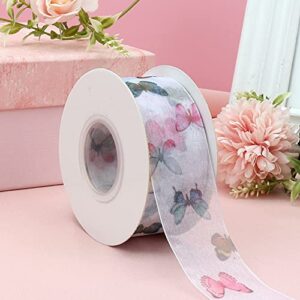 Hyribn 25 Yards Butterfly Printed Silk Ribbon for Gift Wrapping, Chiffon Spring Ribbons for Crafts, Ribbon for Floral , Flower Bouquet, Bows, Wedding, Decoration (White, 1.5")