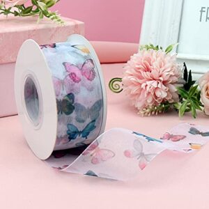 Hyribn 25 Yards Butterfly Printed Silk Ribbon for Gift Wrapping, Chiffon Spring Ribbons for Crafts, Ribbon for Floral , Flower Bouquet, Bows, Wedding, Decoration (White, 1.5")