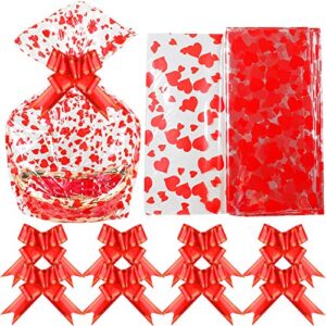 miahart 20 pieces mother’s day valentine large basket bags with 20 pieces bows ribbon 23 x 35 inches cellophane bags heart printed cellophane wrap for baskets, weddings, bridal or baby showers