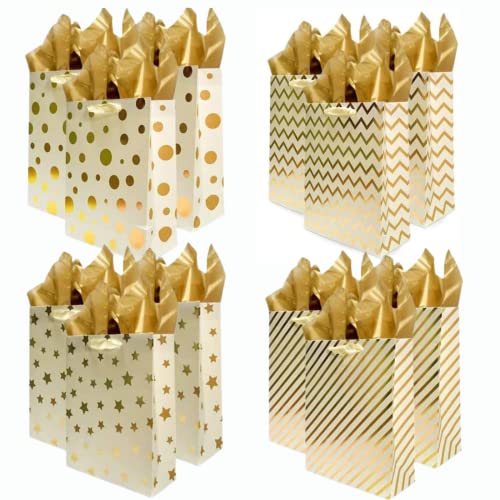 UNIQOOO 12Pcs Metallic Gold Christmas Gift Bags Bulk with 12 Sheets Gold Tissue Paper, Large 12.5 Inch, Assorted Modern Geometric Paper Gift Wrap Bag, For Holiday Birthday Wedding Gift Packaging Decor