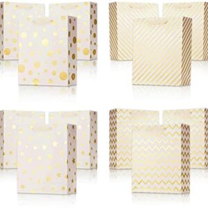 UNIQOOO 12Pcs Metallic Gold Christmas Gift Bags Bulk with 12 Sheets Gold Tissue Paper, Large 12.5 Inch, Assorted Modern Geometric Paper Gift Wrap Bag, For Holiday Birthday Wedding Gift Packaging Decor