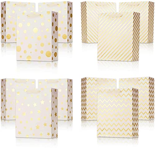 UNIQOOO 12Pcs Metallic Gold Christmas Gift Bags Bulk with 12 Sheets Gold Tissue Paper, Large 12.5 Inch, Assorted Modern Geometric Paper Gift Wrap Bag, For Holiday Birthday Wedding Gift Packaging Decor