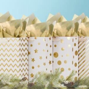 UNIQOOO 12Pcs Metallic Gold Christmas Gift Bags Bulk with 12 Sheets Gold Tissue Paper, Large 12.5 Inch, Assorted Modern Geometric Paper Gift Wrap Bag, For Holiday Birthday Wedding Gift Packaging Decor