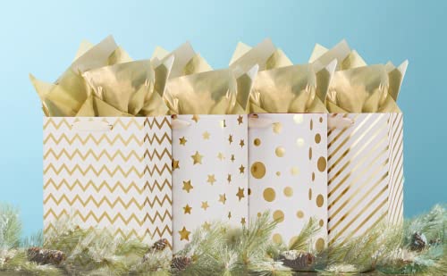 UNIQOOO 12Pcs Metallic Gold Christmas Gift Bags Bulk with 12 Sheets Gold Tissue Paper, Large 12.5 Inch, Assorted Modern Geometric Paper Gift Wrap Bag, For Holiday Birthday Wedding Gift Packaging Decor