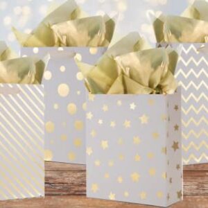 UNIQOOO 12Pcs Metallic Gold Christmas Gift Bags Bulk with 12 Sheets Gold Tissue Paper, Large 12.5 Inch, Assorted Modern Geometric Paper Gift Wrap Bag, For Holiday Birthday Wedding Gift Packaging Decor