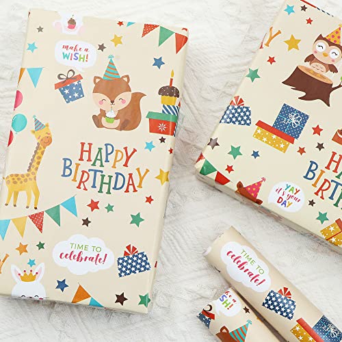 Birthday Wrapping Paper For Kids Girls Boys, Animals Party Design Gift Wrap Paper for Birthday Baby Shower, 6 Sheets Folded Flat 20x28 Inches Per Sheet