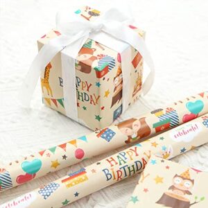 Birthday Wrapping Paper For Kids Girls Boys, Animals Party Design Gift Wrap Paper for Birthday Baby Shower, 6 Sheets Folded Flat 20x28 Inches Per Sheet