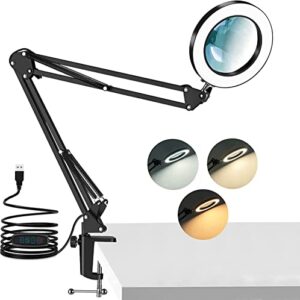 magnifying glass with light, 5x lighted magnifying glass 3 color modes stepless dimmable 72 leds magnifying lamp, magnifier with light desk lamp with clamp for crafts workbench (adapter not included)