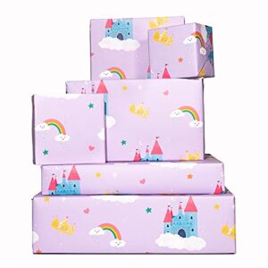 central 23 birthday wrapping paper sheets (x6) – purple rainbow and castle – gift wrap for girls – new baby – stars and crowns – valentines day gift wrapping paper – recyclable