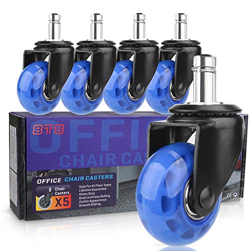 8T8 Upgraded Chair Caster Wheels 2'', Quiet and Smooth Gliding,Heavy Duty Wheels with Plug-in Stem 11X22 (7/16''X7/8''), Safe for Hardwood Carpet Tile Floors, Set of 5 (Blue, 2 inch)