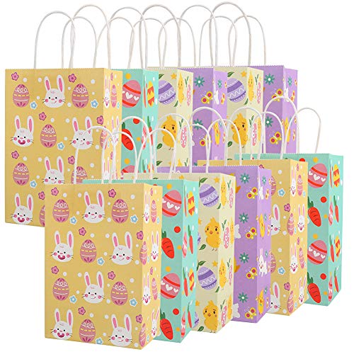 CCINEE 12PCS Easter Gift Bags,Bunny Kraft Paper Treat Bags with Handles Egg Chick Candy Bag for Kids Party Gift Wrapping