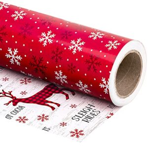 wrapaholic reversible christmas wrapping paper – mini roll – 17 inch x 33 feet – red white snowflakes and reindeer design for holiday, party, celebration