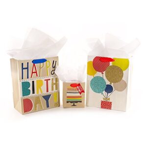 hallmark birthday gift bag assortment (pack of 3: 2 large 13″, 1 small 6″) white and kraft, balloons and cake