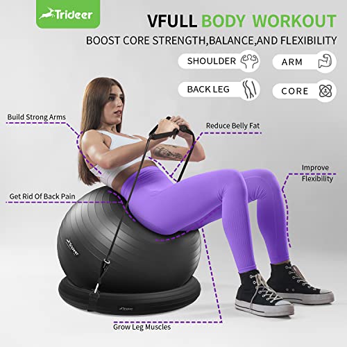 Trideer Ball Chair Yoga Ball Chair Exercise Ball Chair with Base & Bands for Home Gym Workout Ball for Abs, Stability Ball & Balance Ball Seat to Relieve Back Pain (Black with Bands, 75cm)