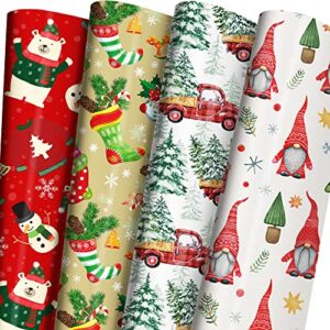 zintbial christmas wrapping paper for kids boys girls baby men women – wrapping paper christmas bundle include white santa, green stockings, red truck and woodland – 29 x 42 inches per sheet (4 jumbo sheets) – recyclable, easy to store,not rolled