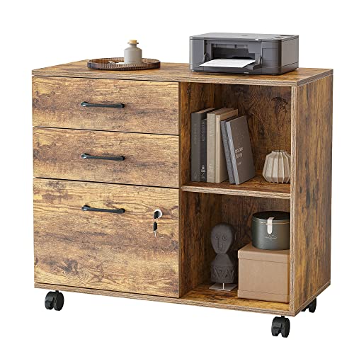 FEZIBO 3-Drawer Mobile File Cabinet, Lateral Filing Cabinet with Lock, Printer Stand with Open Storage Shelves for Home Office, Rustic Brown