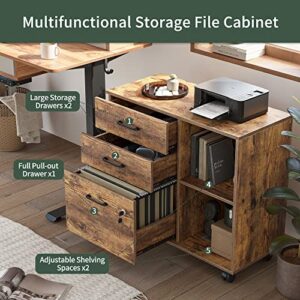 FEZIBO 3-Drawer Mobile File Cabinet, Lateral Filing Cabinet with Lock, Printer Stand with Open Storage Shelves for Home Office, Rustic Brown