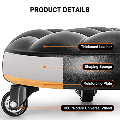 Low Height Rolling Stool with 360°Swivel Caster, Low Roller Seat Wheel Stool Chair, PU Leather Rolling Stool Heavy-Duty and Sturdy, Movable Mini Stool for Home Office Garage Shop Fitness Sport